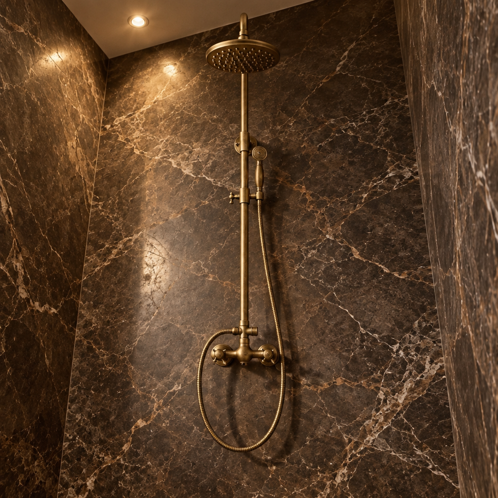 Colonne de Douche en Laiton Antique avec Bec de Bain – Pommeau Pluie et Douchette, Pose Murale