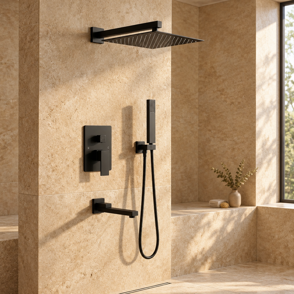 Colonne de Douche Encastrée Noire Mat – Ensemble 3 Fonctions : Pluie, Cascade et Bec Verseur