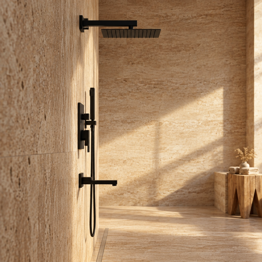 Colonne de Douche Encastrée Noire Mat – Ensemble 3 Fonctions : Pluie, Cascade et Bec Verseur