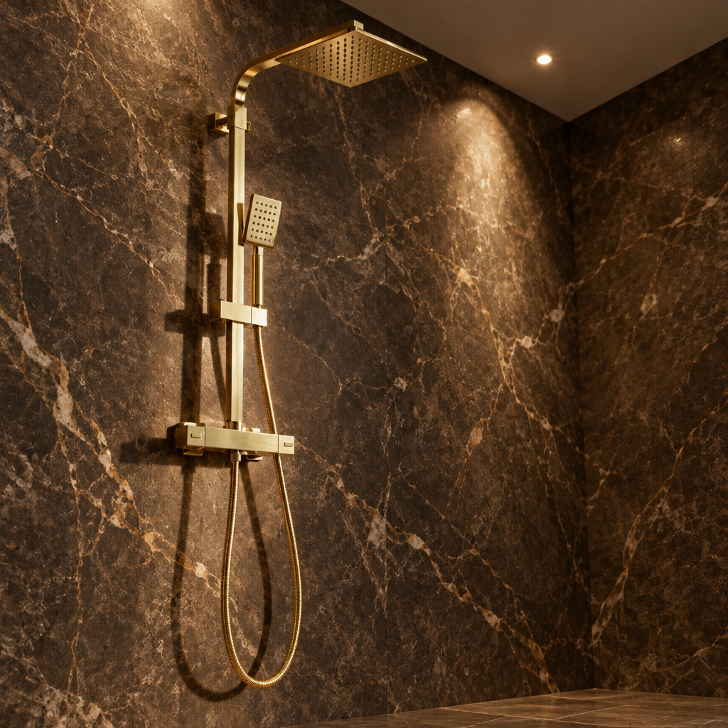 Colonne de Douche Dorée Murale – Thermostatique en Laiton avec Pommeau Pluie et Douchette