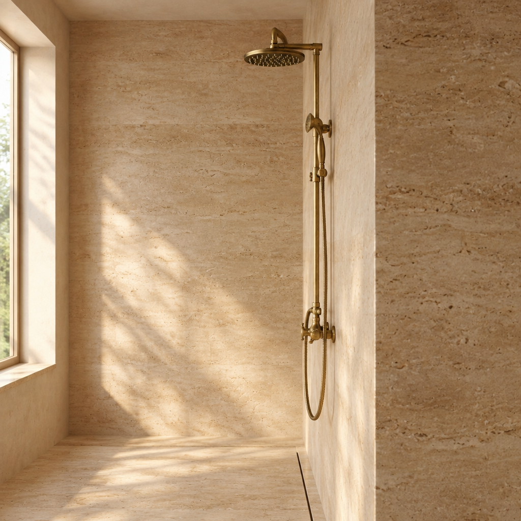 Colonne de Douche en Laiton Antique avec Bec de Bain – Pommeau Pluie et Douchette, Pose Murale
