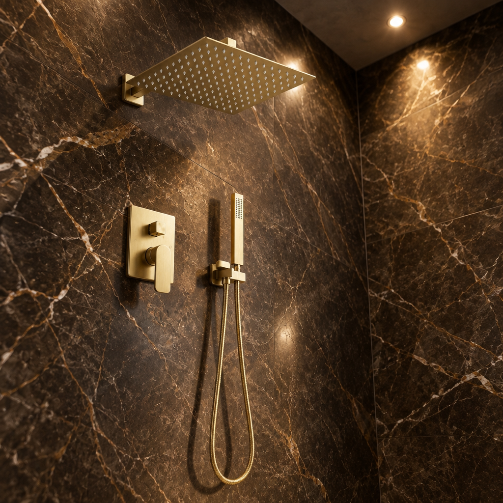 Colonne de Douche Encastrée Or Brossé Carrée – Pommeau Pluie 25 cm et Douchette Encastrée
