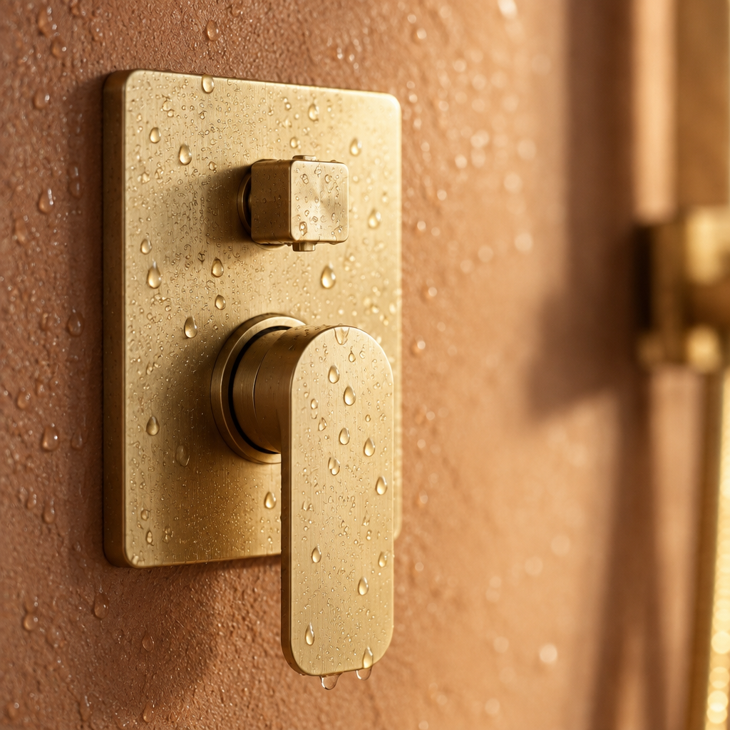 Colonne de Douche Encastrée Or Brossé Carrée – Pommeau Pluie 25 cm et Douchette Encastrée