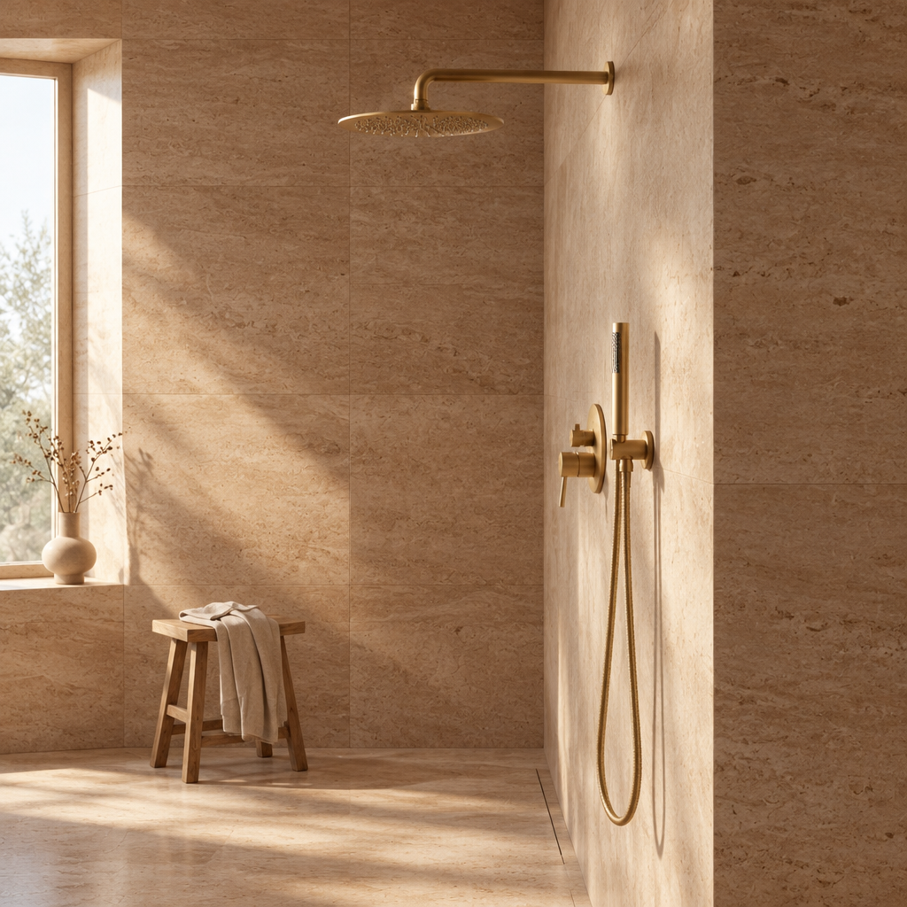 Colonne de Douche Encastrée Or Brossé Ronde – Pommeau Rond Ø 25 cm et Mitigeur Encastré