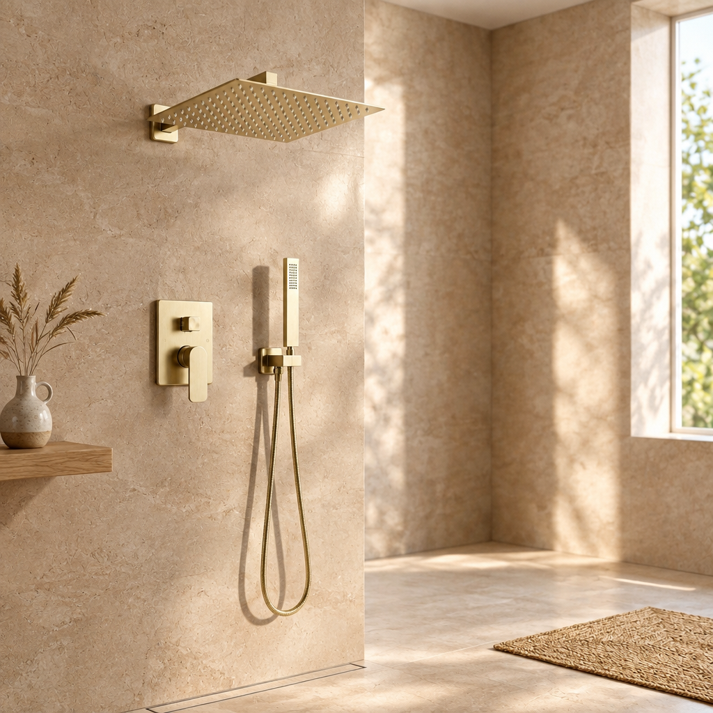Colonne de Douche Encastrée Or Brossé Carrée – Pommeau Pluie 25 cm et Douchette Encastrée