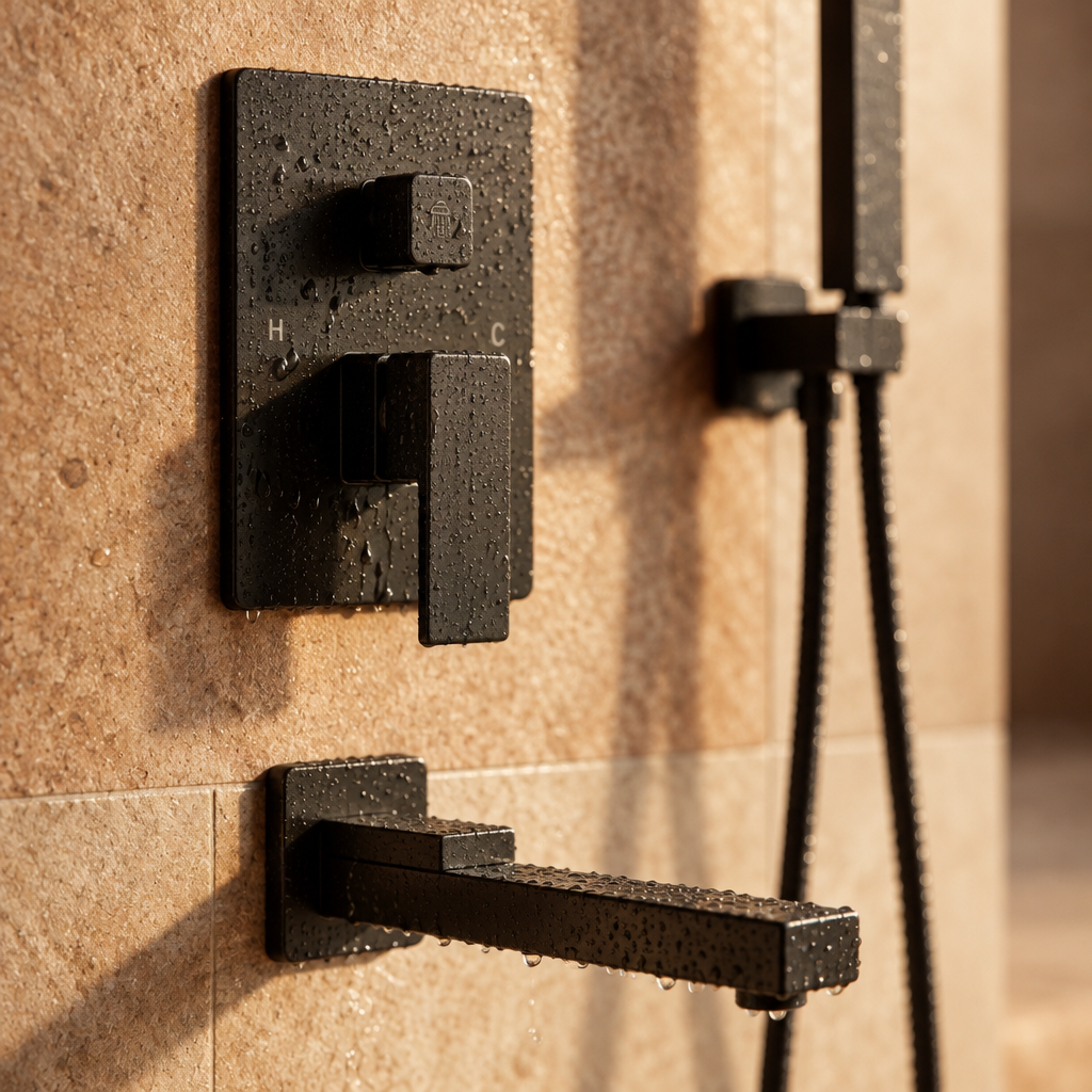 Colonne de Douche Encastrée Noire Mat – Ensemble 3 Fonctions : Pluie, Cascade et Bec Verseur