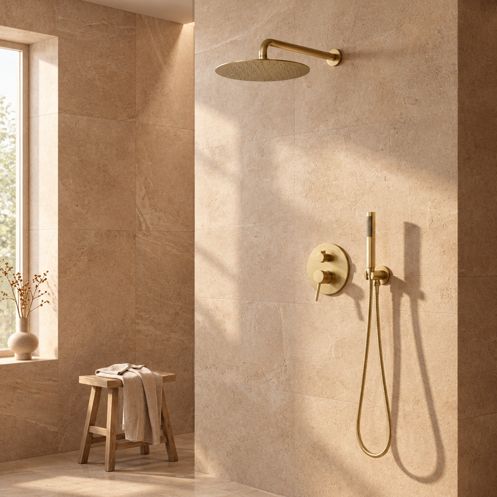 Colonne de Douche Encastrée Or Brossé Ronde – Pommeau Rond Ø 25 cm et Mitigeur Encastré