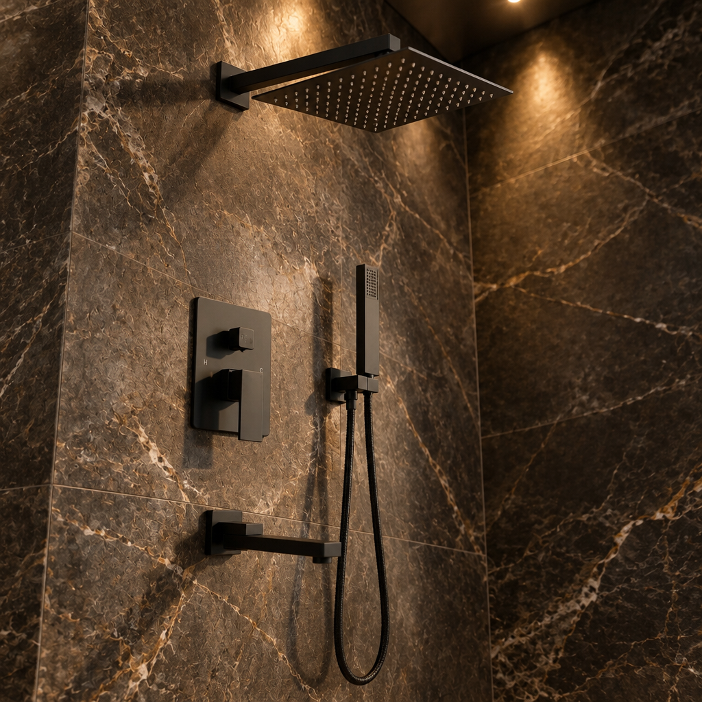 Colonne de Douche Encastrée Noire Mat – Ensemble 3 Fonctions : Pluie, Cascade et Bec Verseur