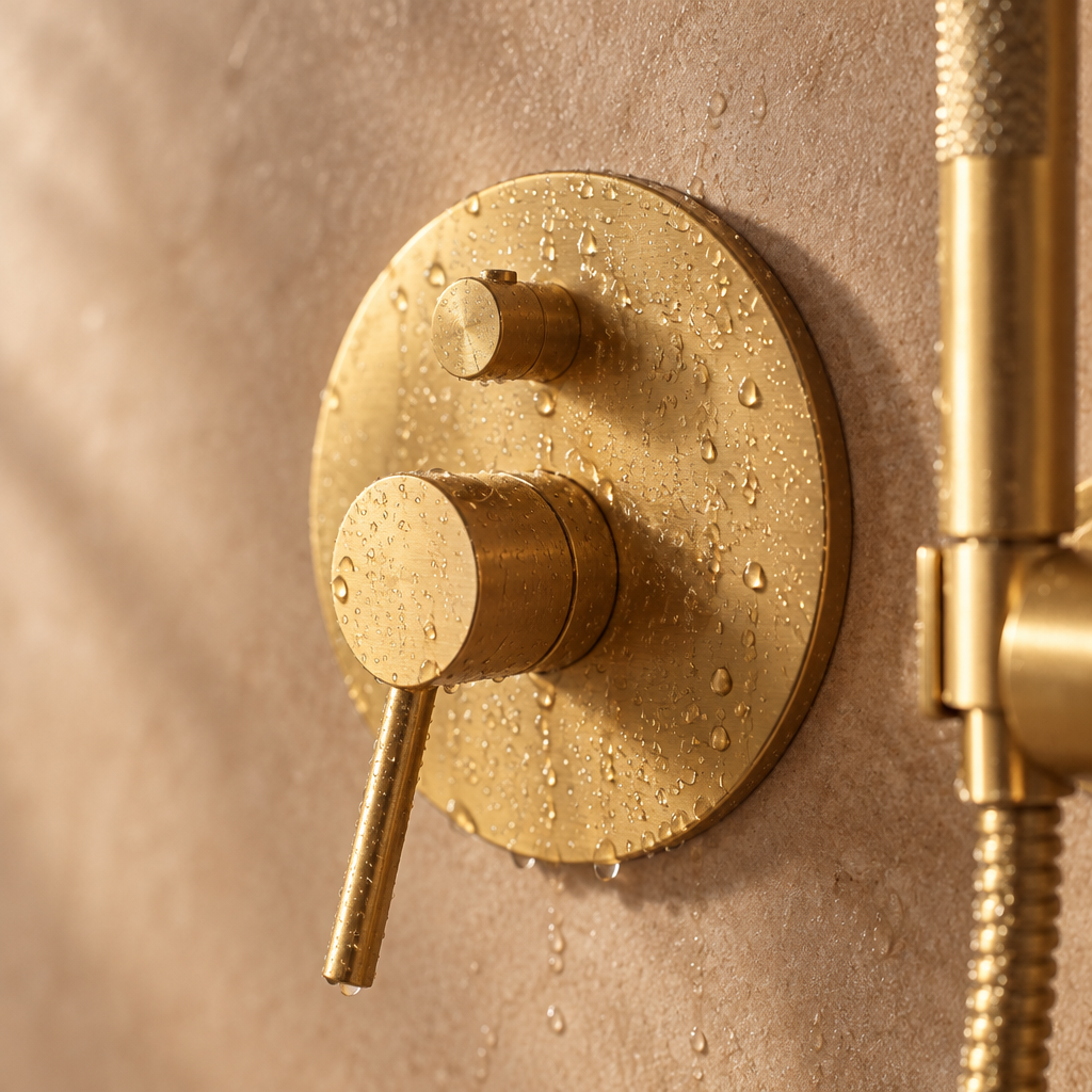 Colonne de Douche Encastrée Or Brossé Ronde – Pommeau Rond Ø 25 cm et Mitigeur Encastré