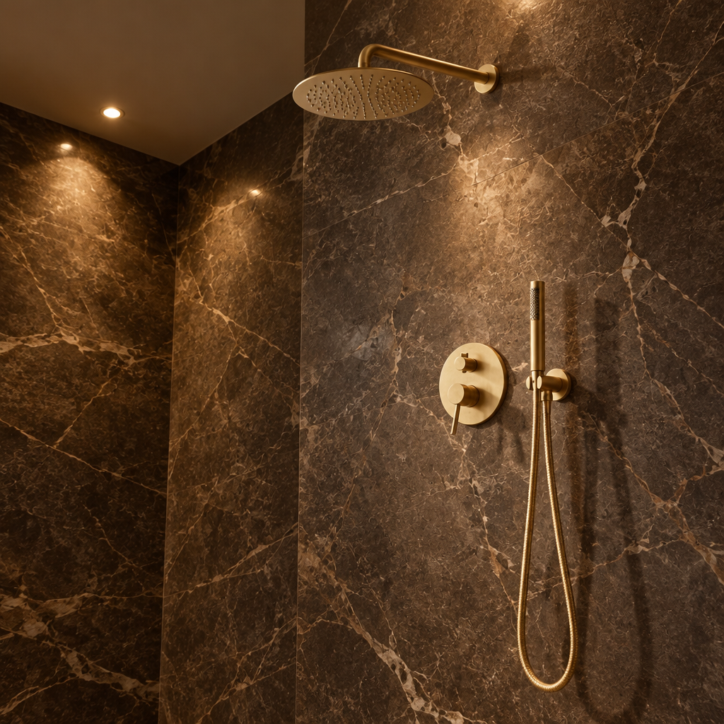 Colonne de Douche Encastrée Or Brossé Ronde – Pommeau Rond Ø 25 cm et Mitigeur Encastré