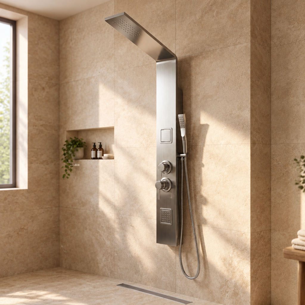 Colonne de Douche Hydromassante Argentée – Panneau Mural Inox Brossé avec Jets de Massage et Douchette