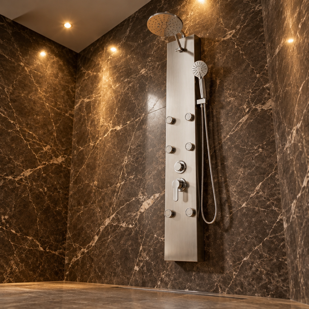 Colonne de Douche Hydromassante Argentée 6 Jets – Panneau Inox avec Pommeau Pluie et Douchette à Main
