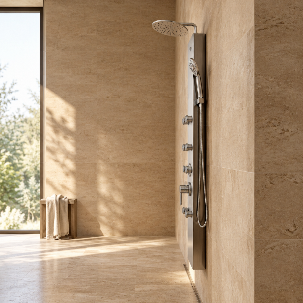 Colonne de Douche Hydromassante Argentée 6 Jets – Panneau Inox avec Pommeau Pluie et Douchette à Main