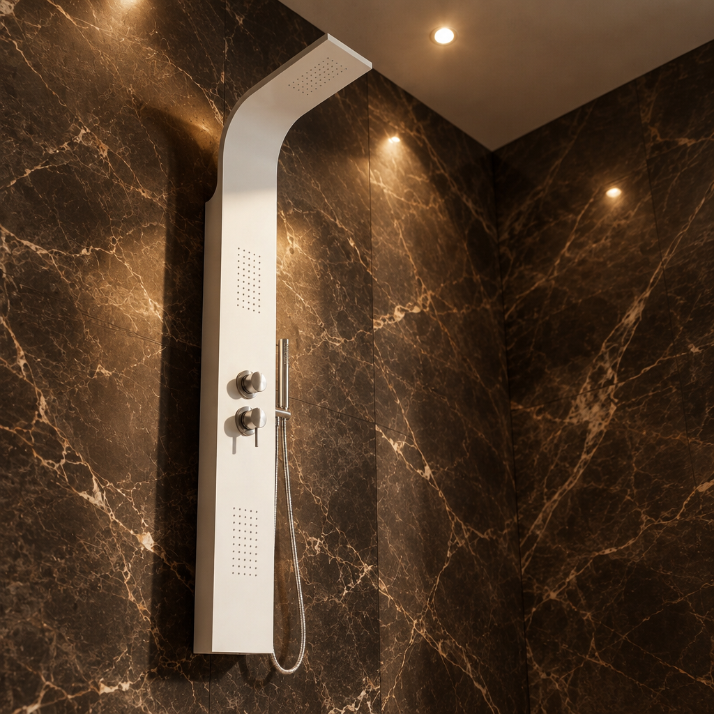 Colonne de Douche Hydromassante Blanche – Panneau Mural en Aluminium avec Jets et Tête de Douche