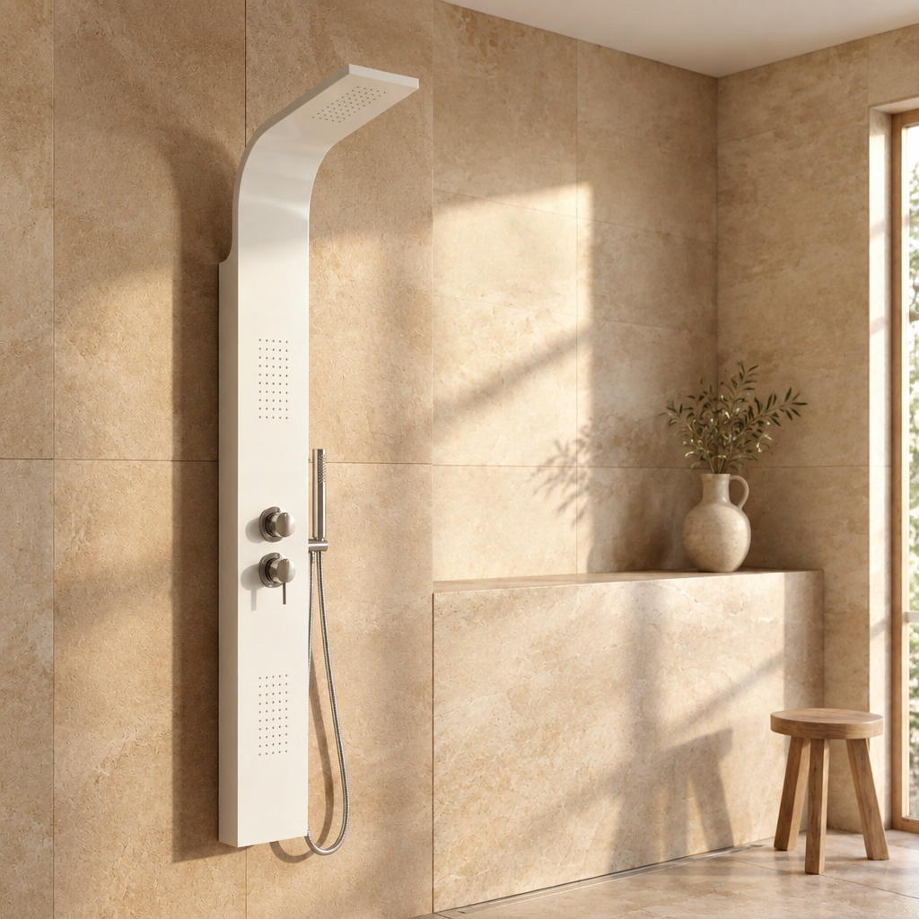Colonne de Douche Hydromassante Blanche – Panneau Mural en Aluminium avec Jets et Tête de Douche