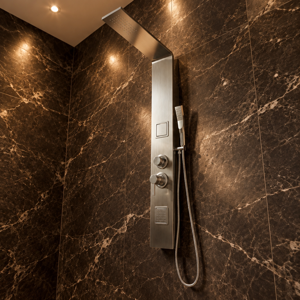 Colonne de Douche Hydromassante Argentée – Panneau Mural Inox Brossé avec Jets de Massage et Douchette