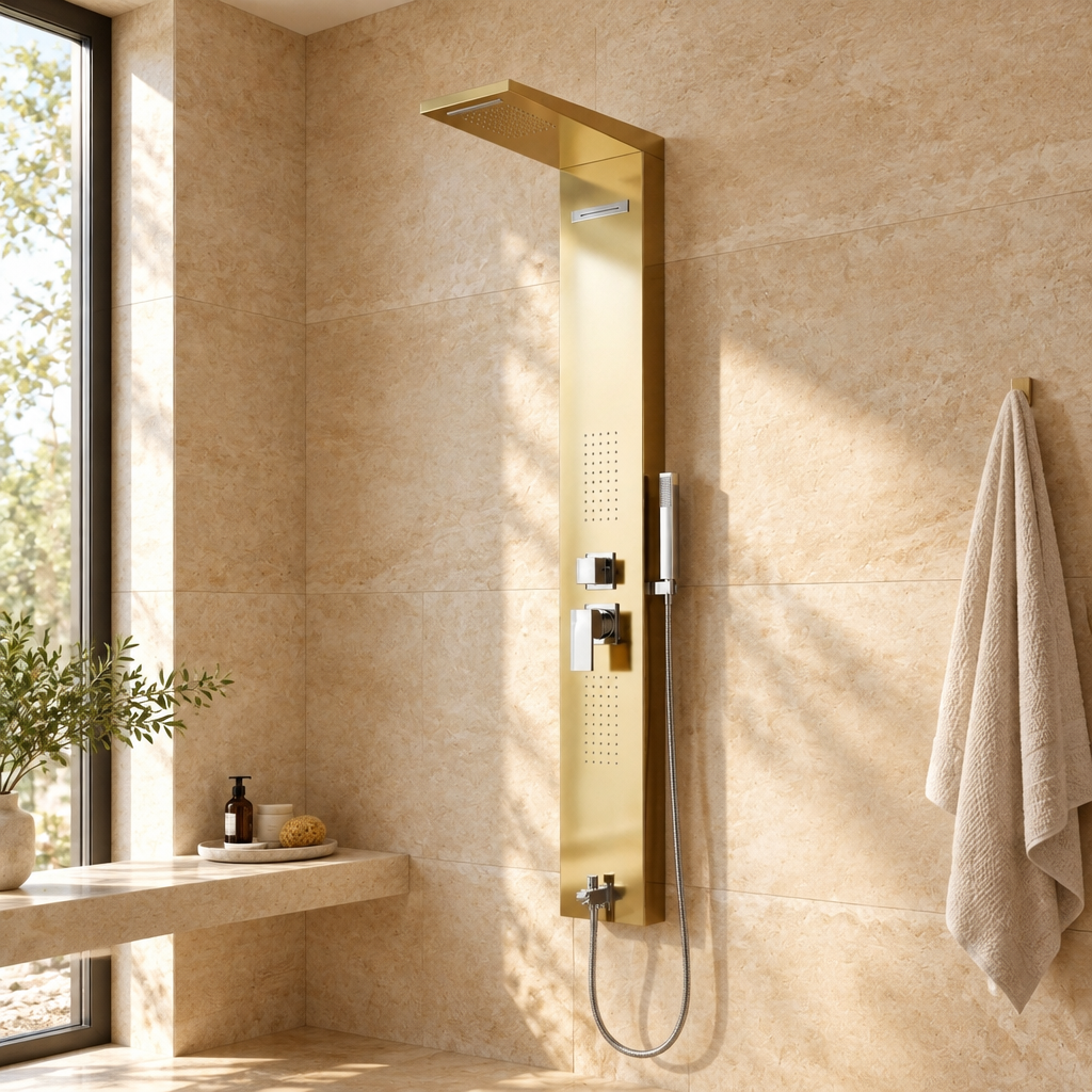 Colonne de Douche Hydromassante Dorée – Panneau Mural en Acier avec Jets de Massage et Tête Cascade