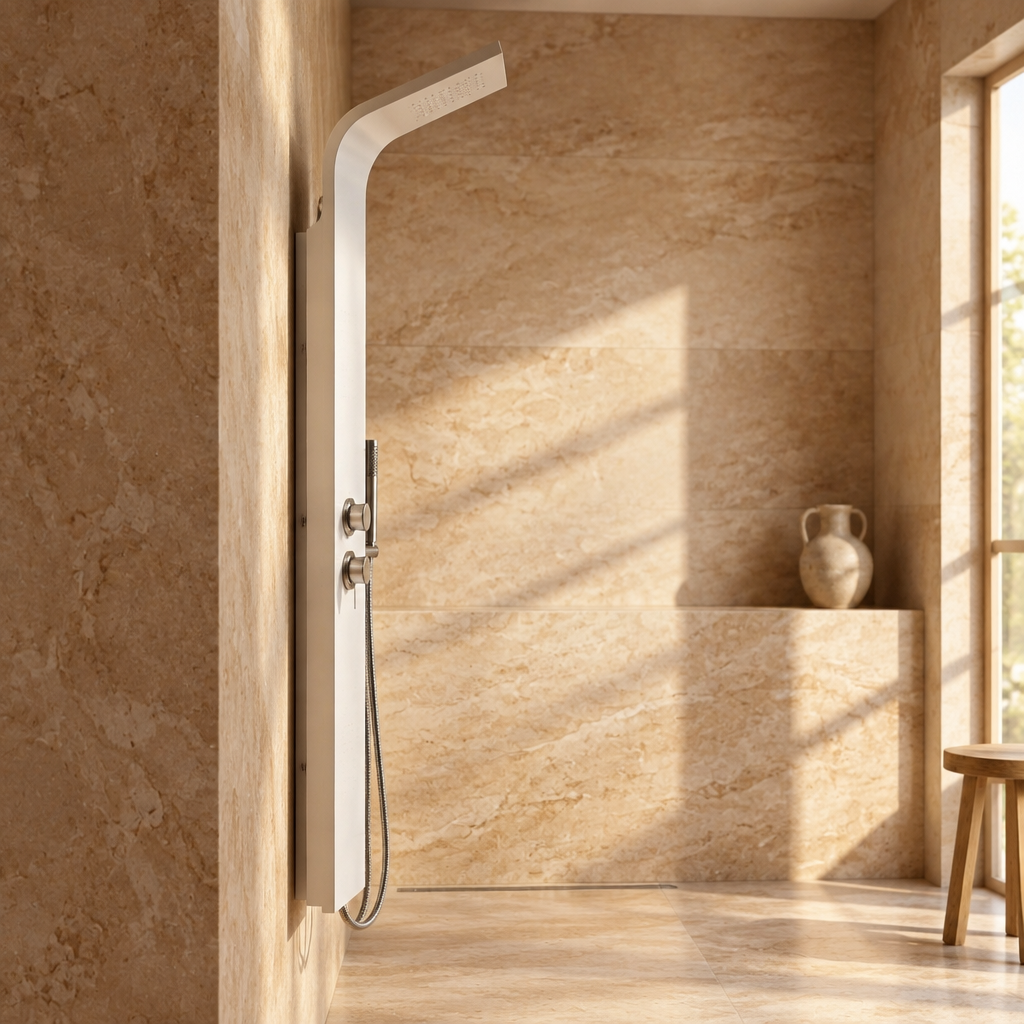 Colonne de Douche Hydromassante Blanche – Panneau Mural en Aluminium avec Jets et Tête de Douche