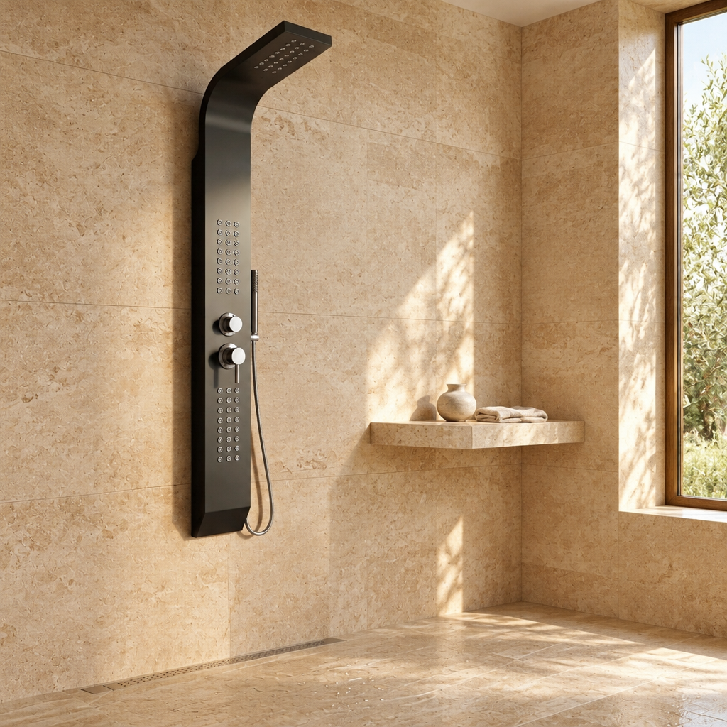 Colonne de Douche Hydromassante Noire – Panneau Mural avec Jets de Massage et Douchette
