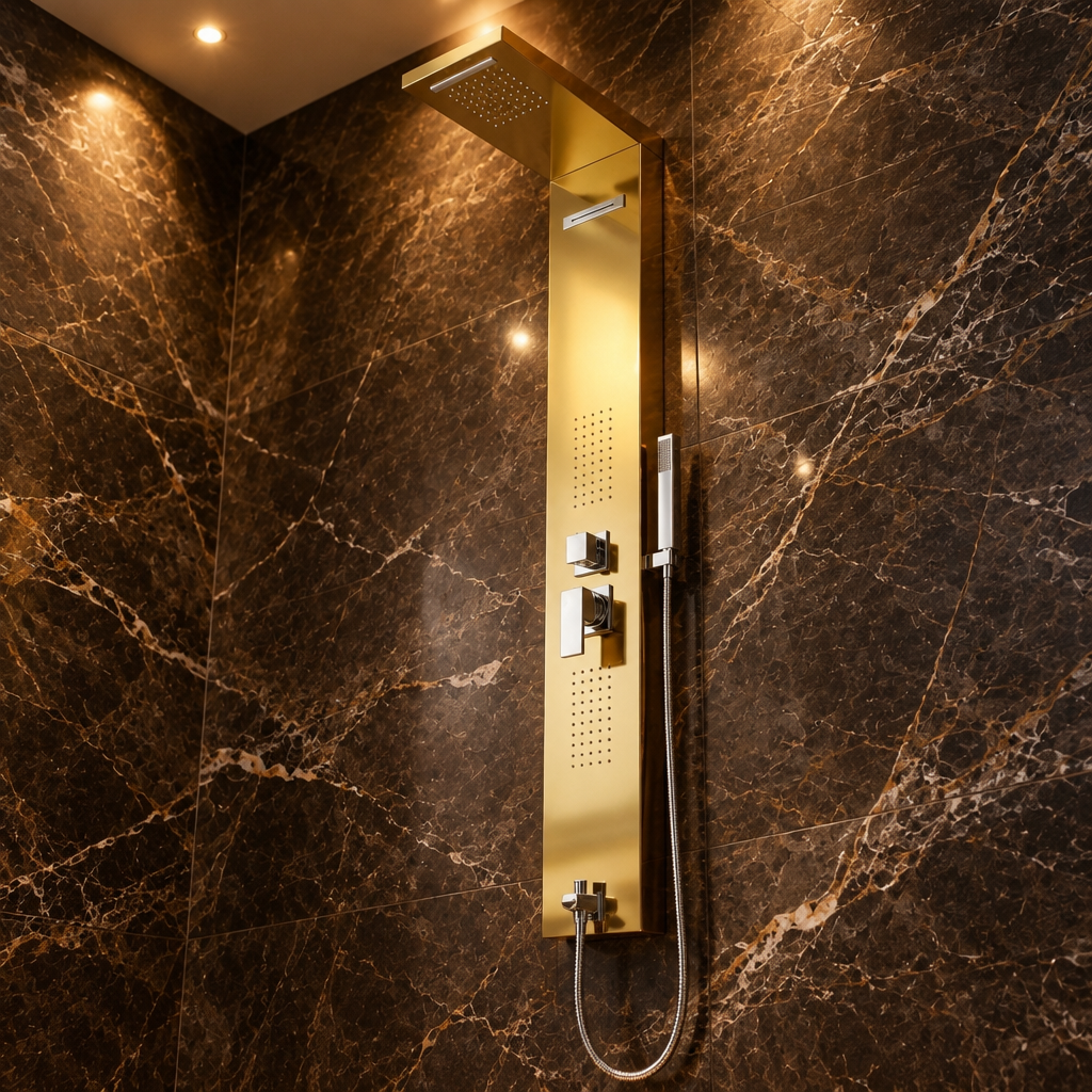 Colonne de Douche Hydromassante Dorée – Panneau Mural en Acier avec Jets de Massage et Tête Cascade