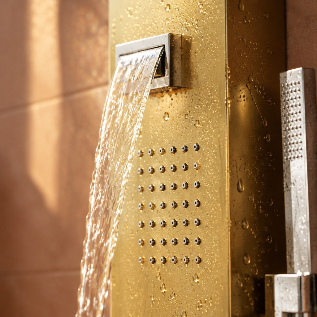 Colonne de Douche Hydromassante Dorée – Panneau Mural en Acier avec Jets de Massage et Tête Cascade