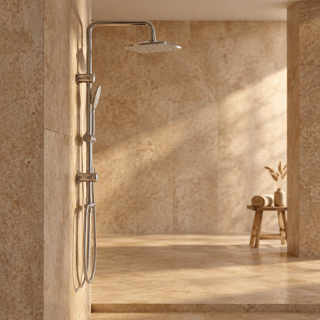 Colonne de Douche Murale Argentée avec Mitigeur – Pommeau Pluie et Douchette sur Barre