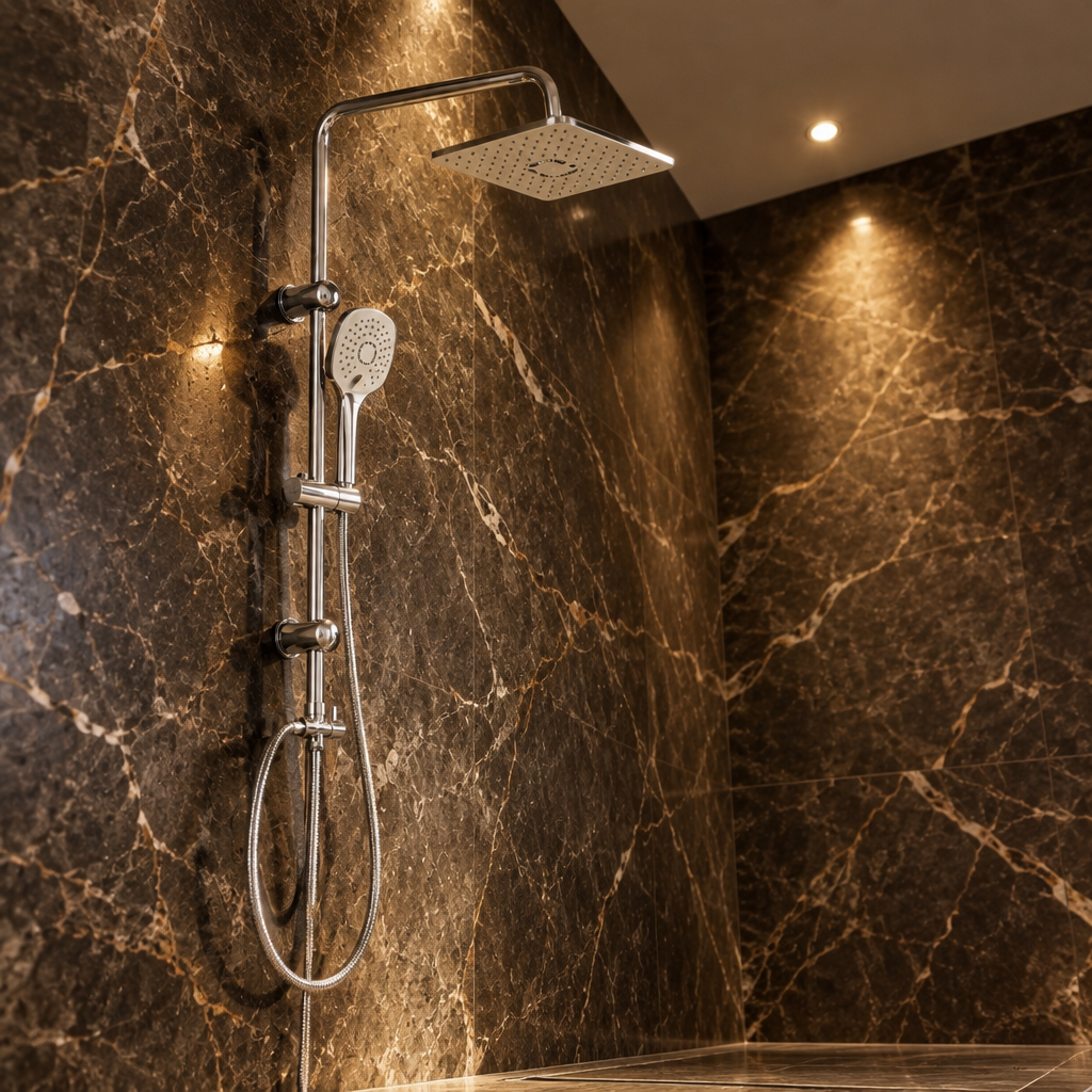 Colonne de Douche Murale Argentée avec Mitigeur – Pommeau Pluie et Douchette sur Barre