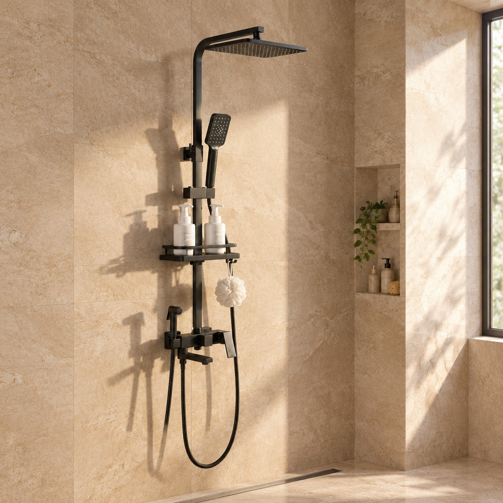 Colonne de Douche Noire avec Robinet de Bain – Bec Verseur Baignoire et Tablette de Rangement
