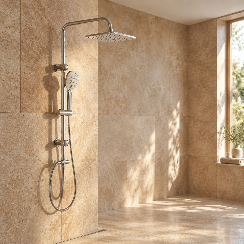 Colonne de Douche Murale Argentée avec Mitigeur – Pommeau Pluie et Douchette sur Barre