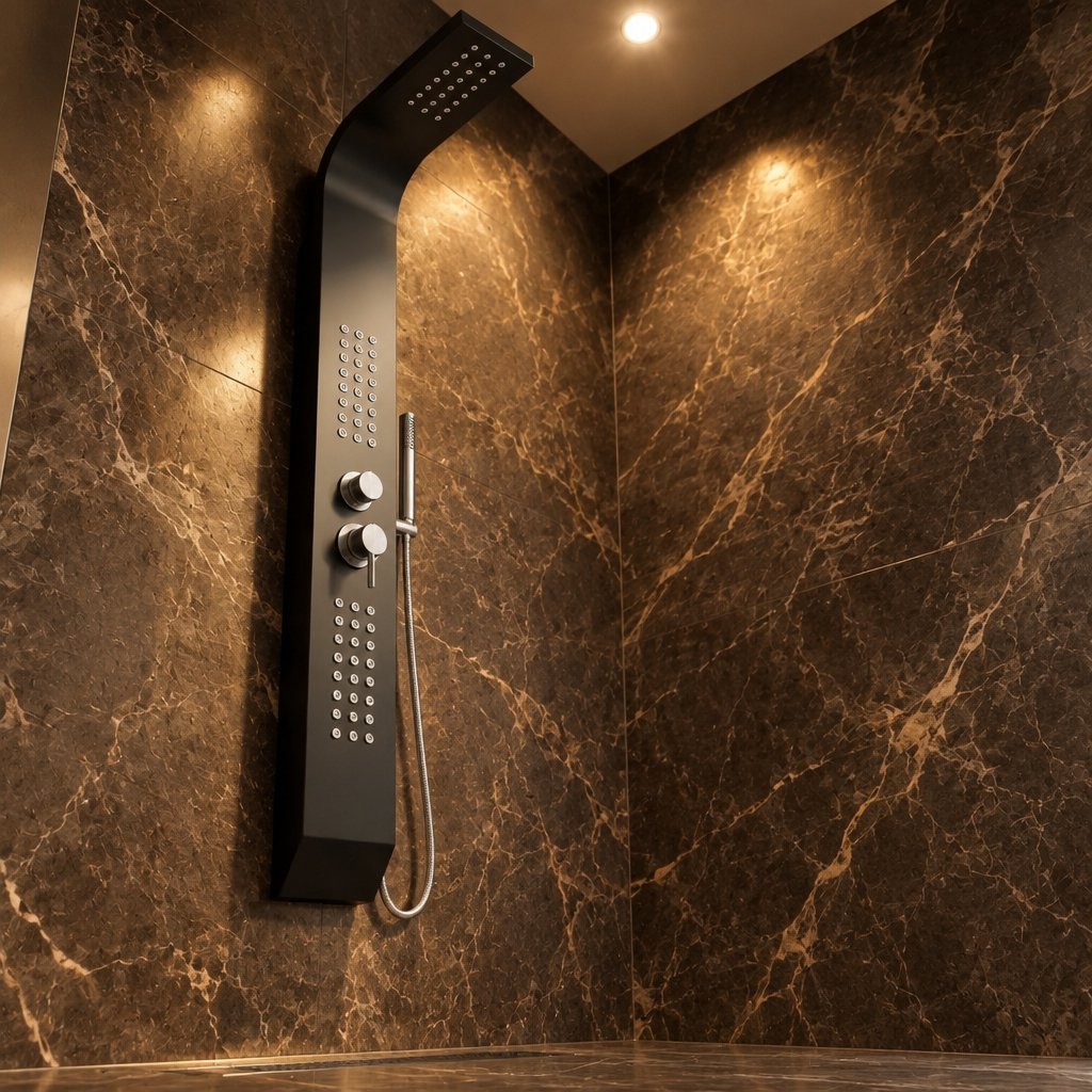 Colonne de Douche Hydromassante Noire – Panneau Mural avec Jets de Massage et Douchette