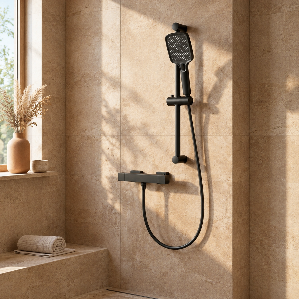 Colonne de Douche Thermostatique Noire 3 Jets – Anti-Brûlure 38 °C, Pluie et Massage