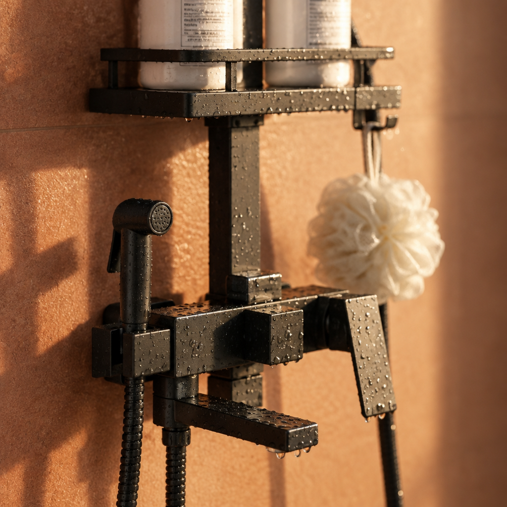 Colonne de Douche Noire avec Robinet de Bain – Bec Verseur Baignoire et Tablette de Rangement