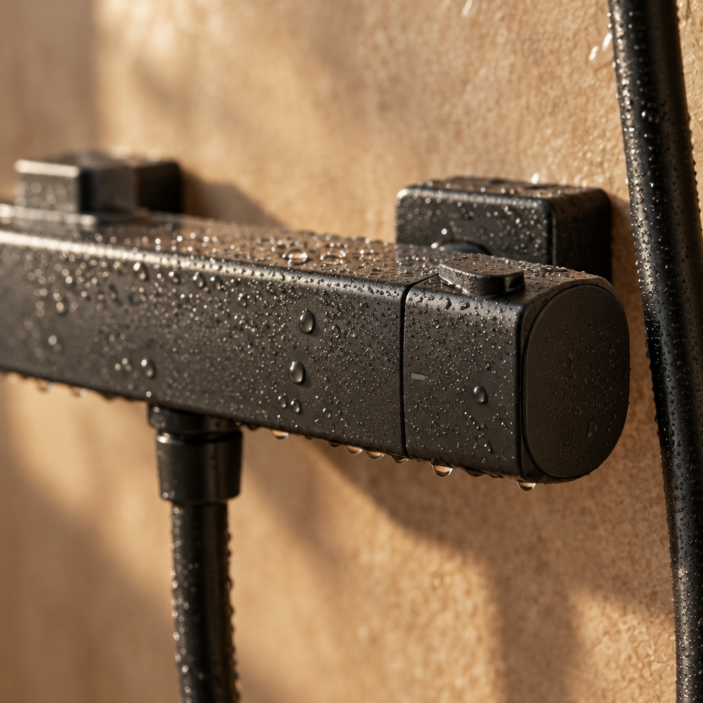 Colonne de Douche Thermostatique Noire 3 Jets – Anti-Brûlure 38 °C, Pluie et Massage