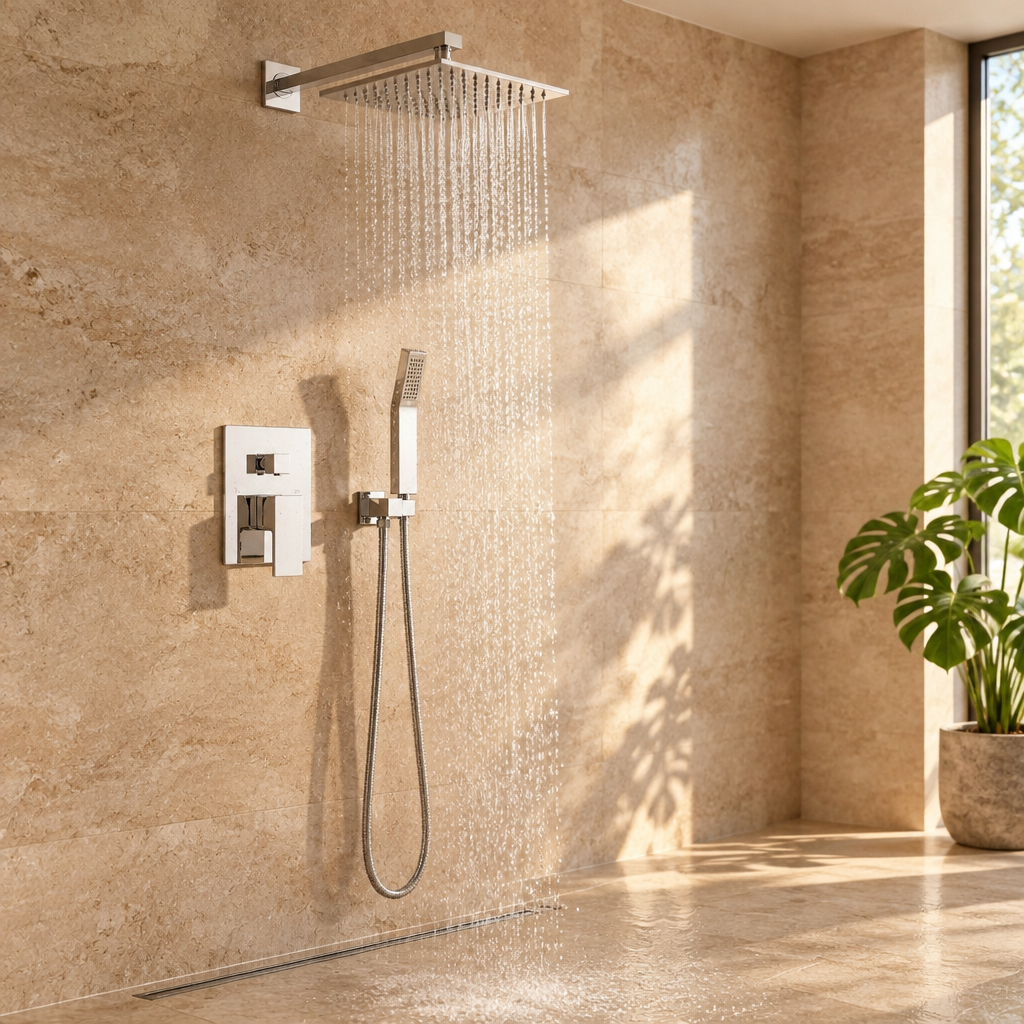 Ensemble de Douche Encastré Argenté Effet Pluie – Pommeau Plat 30 cm en Inox 304