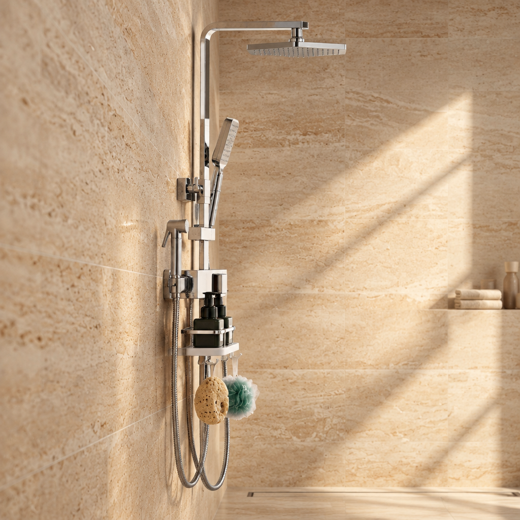 Ensemble de Douche Chromé avec Tablette de Rangement – Pommeau Pluie, Douchette et Bidet Mural