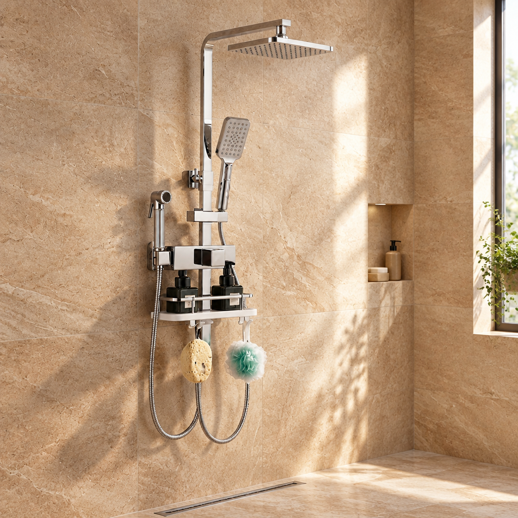 Ensemble de Douche Chromé avec Tablette de Rangement – Pommeau Pluie, Douchette et Bidet Mural