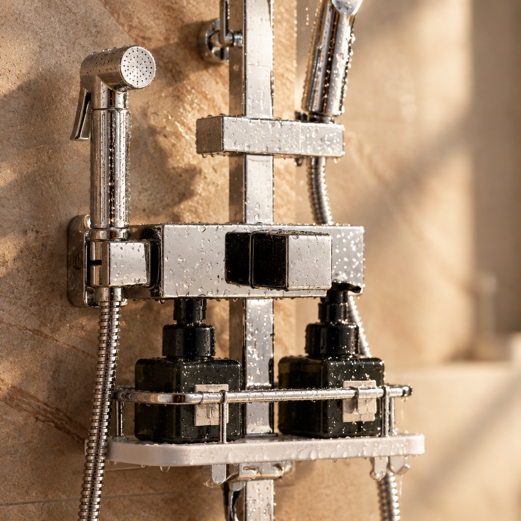 Ensemble de Douche Chromé avec Tablette de Rangement – Pommeau Pluie, Douchette et Bidet Mural