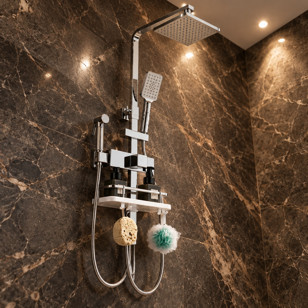 Ensemble de Douche Chromé avec Tablette de Rangement – Pommeau Pluie, Douchette et Bidet Mural
