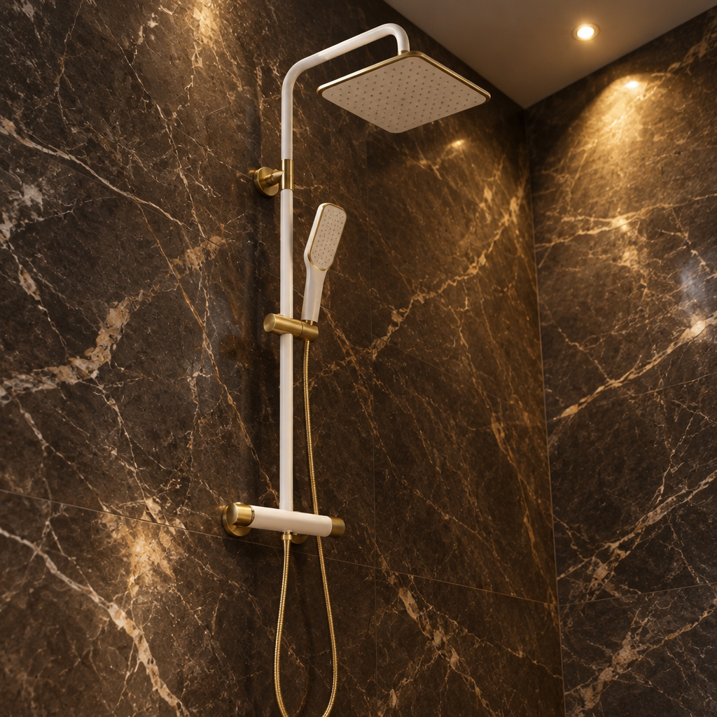Ensemble de Douche Murale Blanc et Or – Pommeau Carré, Douchette et Mitigeur Mural