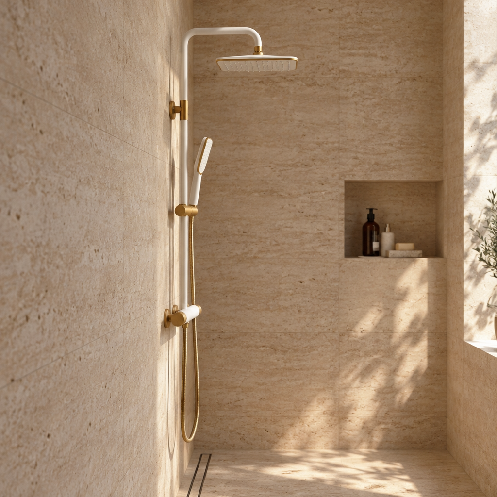 Ensemble de Douche Murale Blanc et Or – Pommeau Carré, Douchette et Mitigeur Mural