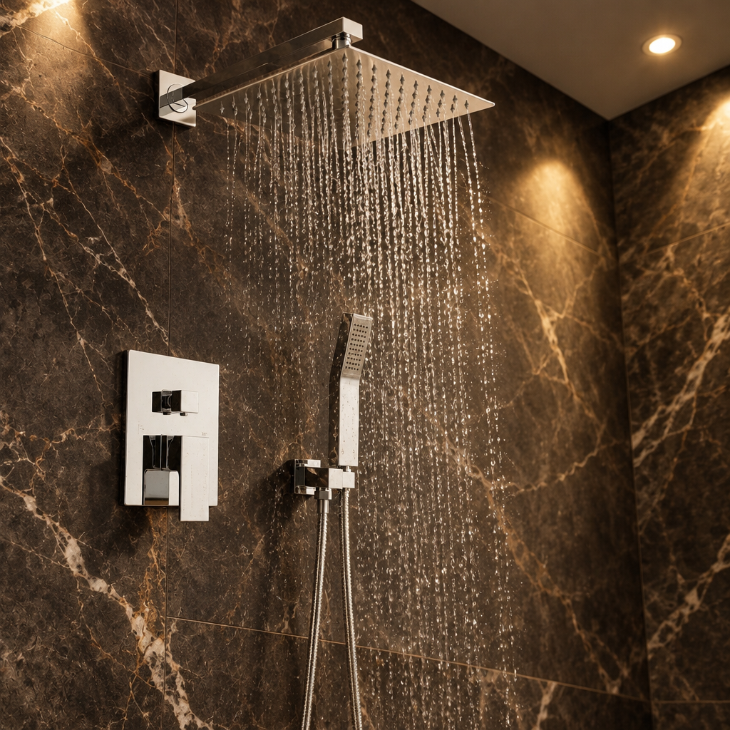 Ensemble de Douche Encastré Argenté Effet Pluie – Pommeau Plat 30 cm en Inox 304