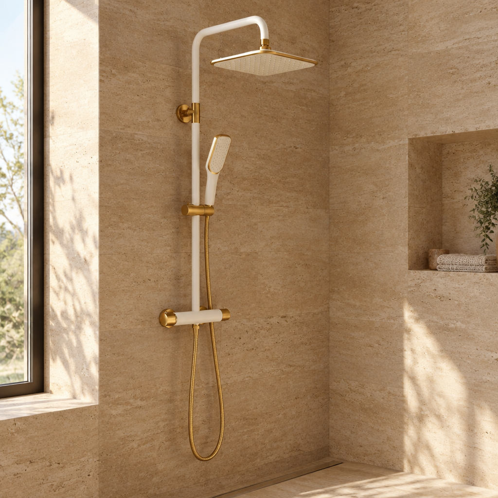 Ensemble de Douche Murale Blanc et Or – Pommeau Carré, Douchette et Mitigeur Mural