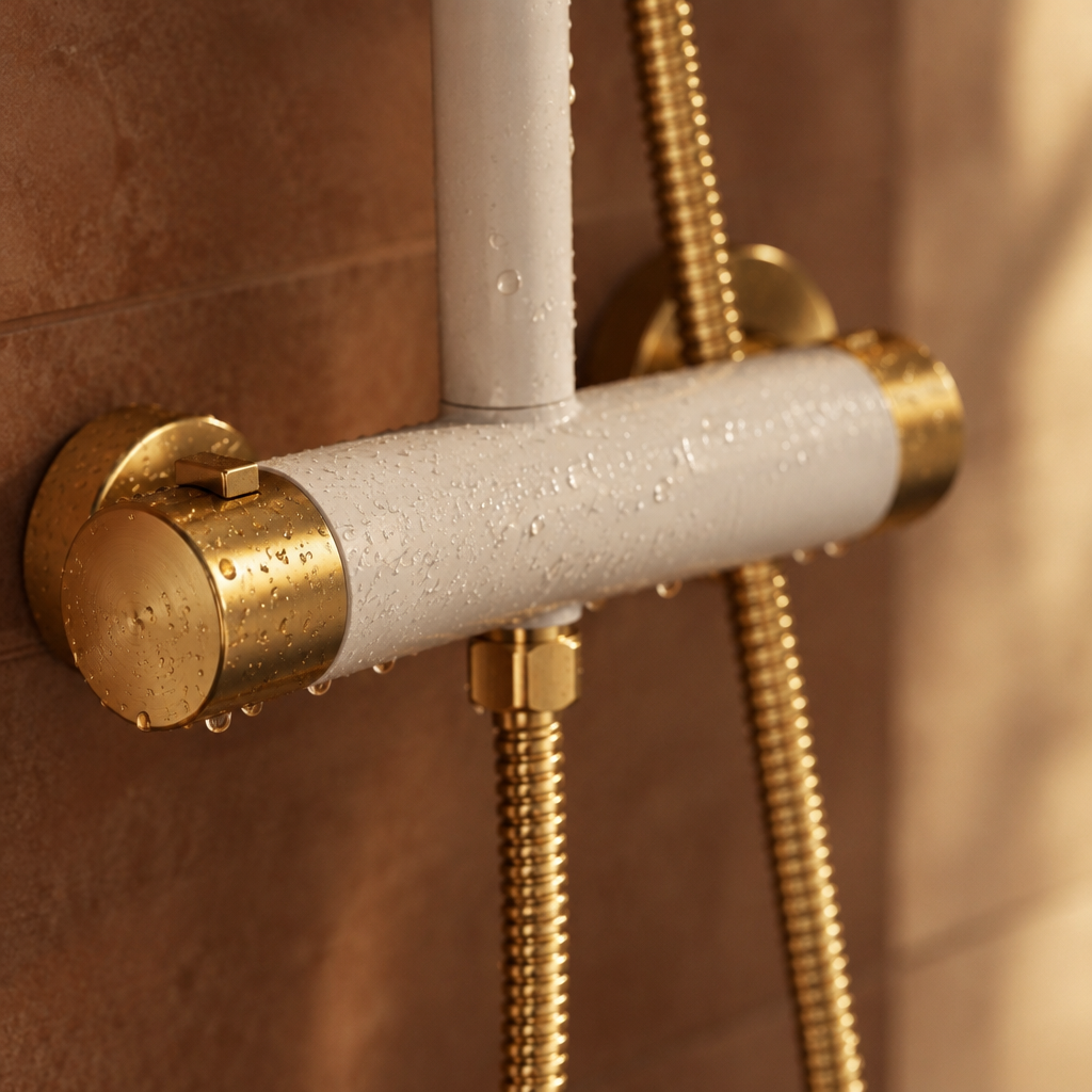Ensemble de Douche Murale Blanc et Or – Pommeau Carré, Douchette et Mitigeur Mural