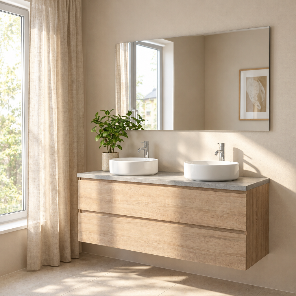 Meuble de Salle de Bain Suspendu Chêne 120 cm – 2 Tiroirs, Plan Effet Ciment et Miroir