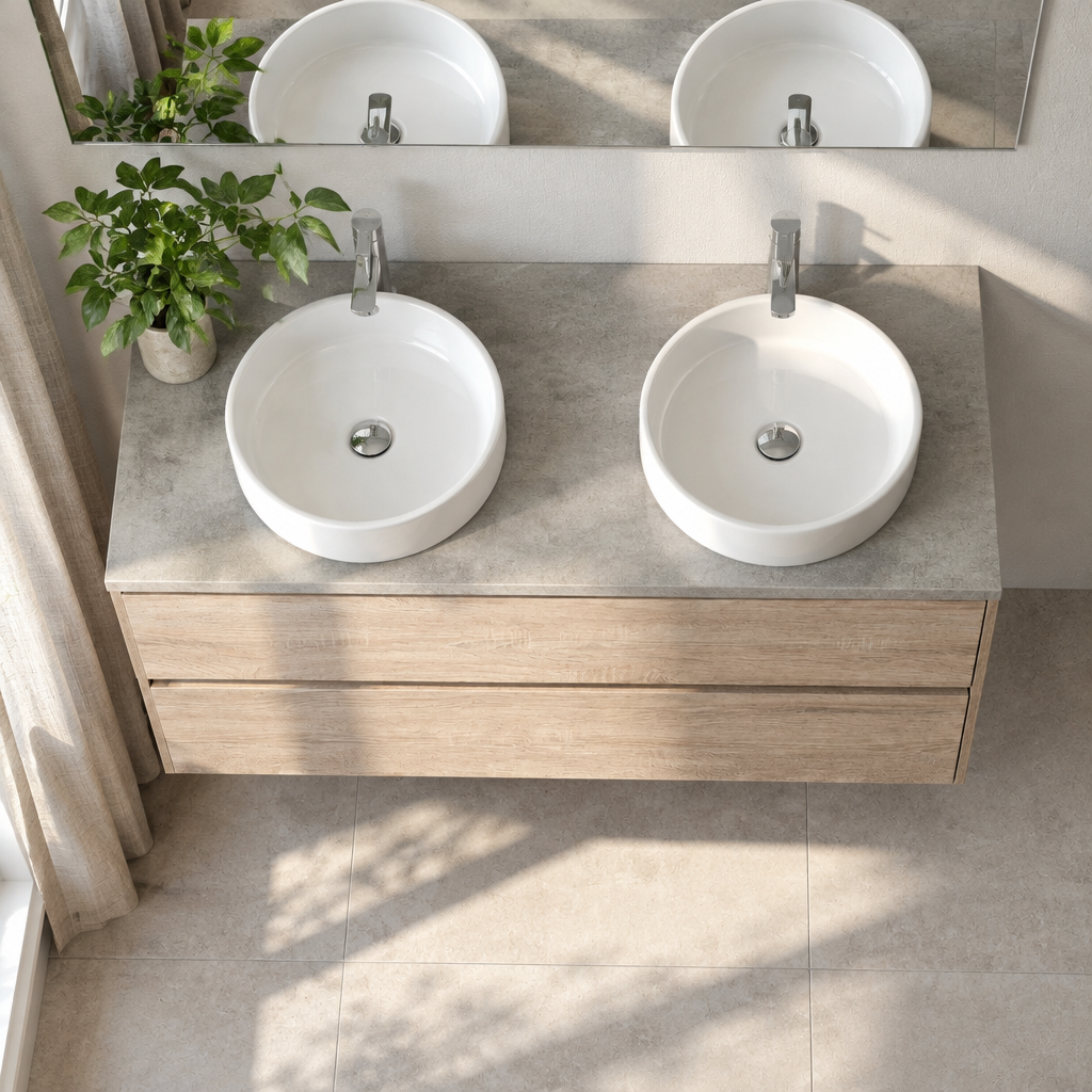 Meuble de Salle de Bain Suspendu Chêne 120 cm – 2 Tiroirs, Plan Effet Ciment et Miroir