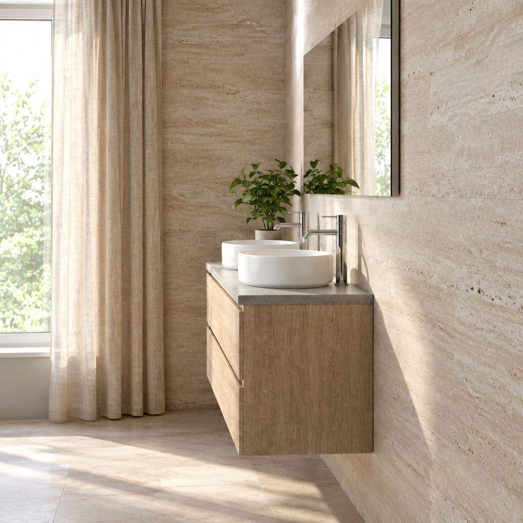 Meuble de Salle de Bain Suspendu Chêne 120 cm – 2 Tiroirs, Plan Effet Ciment et Miroir