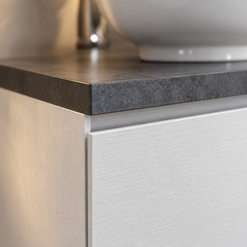 Meuble de Salle de Bain Suspendu Blanc 120 cm – Façade Effet Bois, Plan Anthracite et Miroir