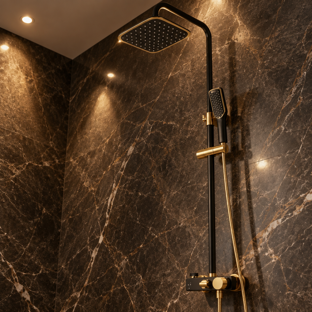 Ensemble de Douche Murale Noir et Or – Pommeau Carré, Douchette à Main et Mitigeur Mural