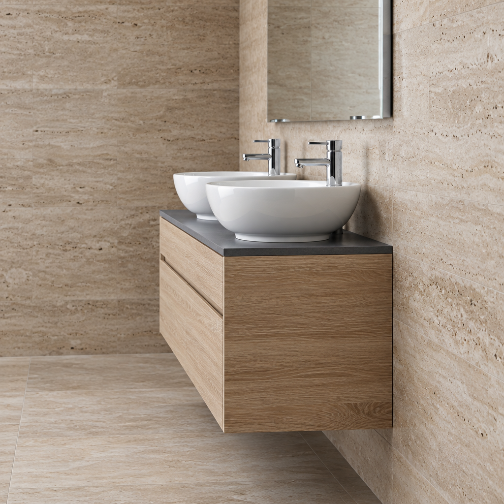 Meuble de Salle de Bain Suspendu Chêne et Ciment 120 cm – pour Vasque à Poser, Miroir Inclus