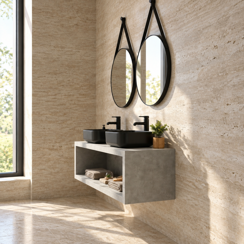 Meuble Suspendu Effet Ciment 120 cm avec Double Vasque Noire et Deux Miroirs Ronds
